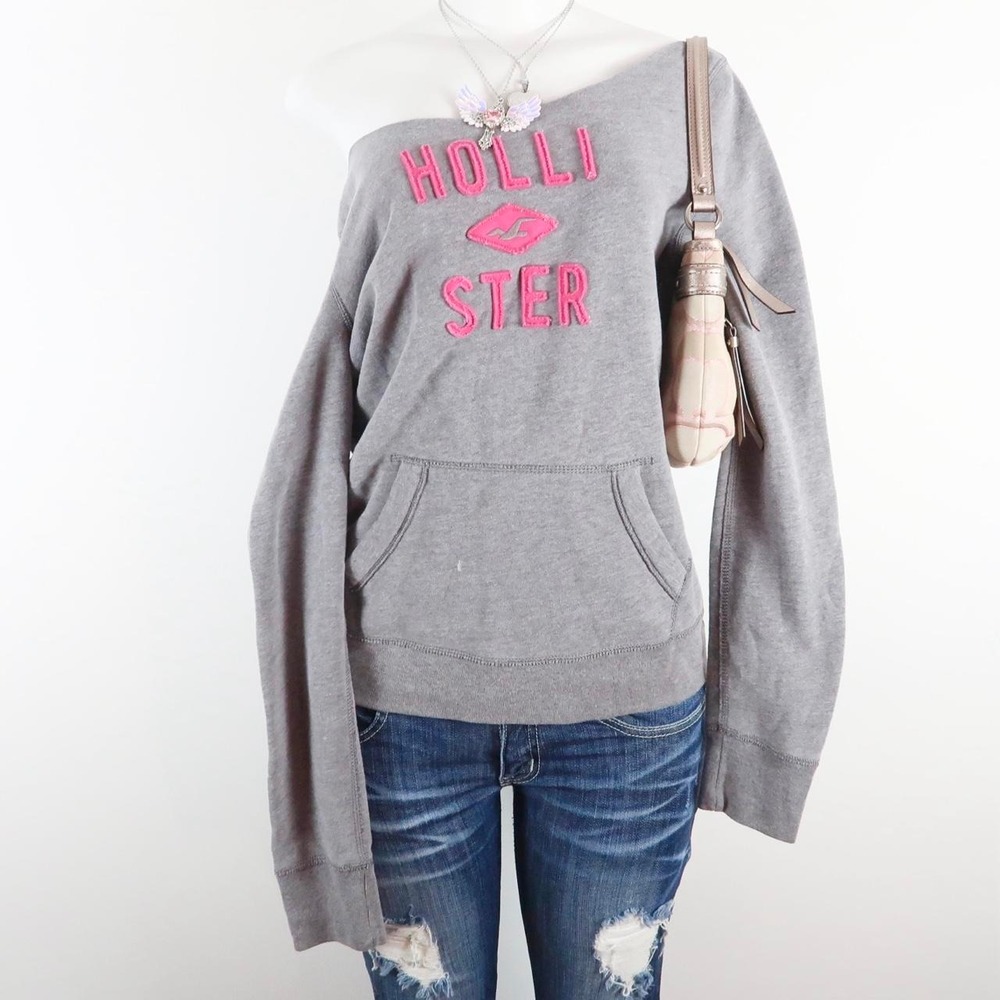 vintage y2k gray hollister hoodie pink logo 2000s sweatshirt